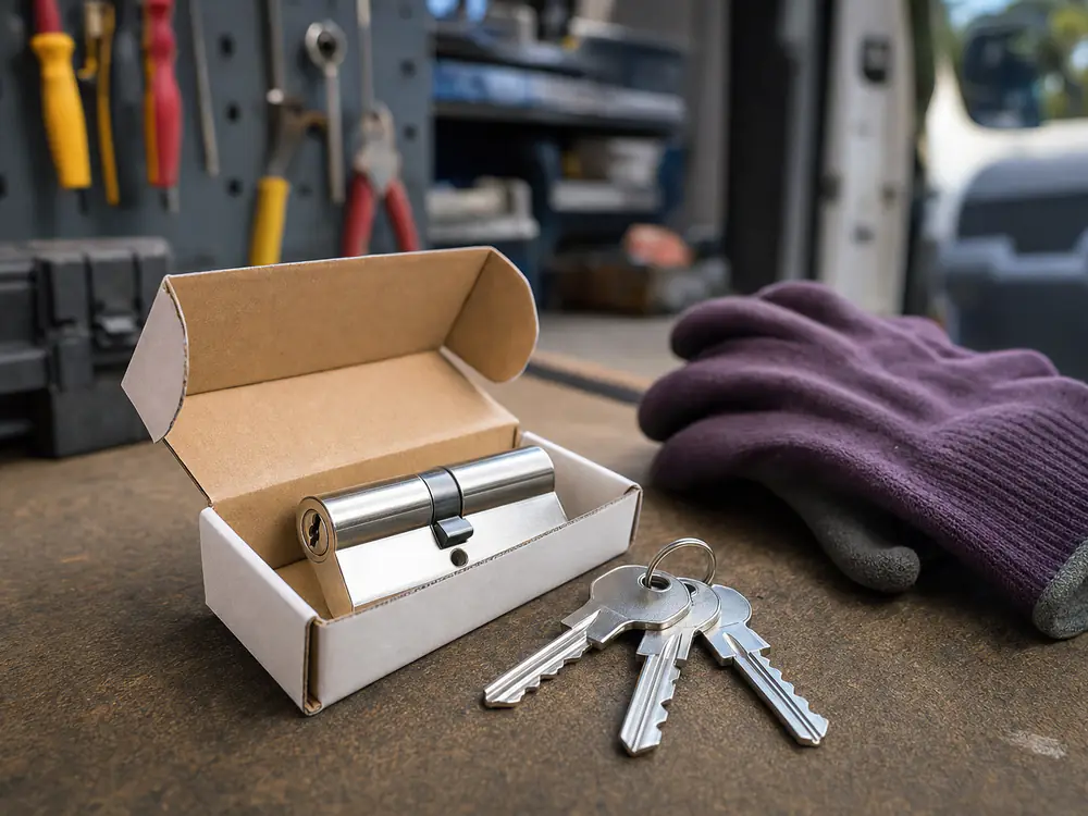 Slotenmaker laat een nieuwe veiligheidscilinder met sleutels zien