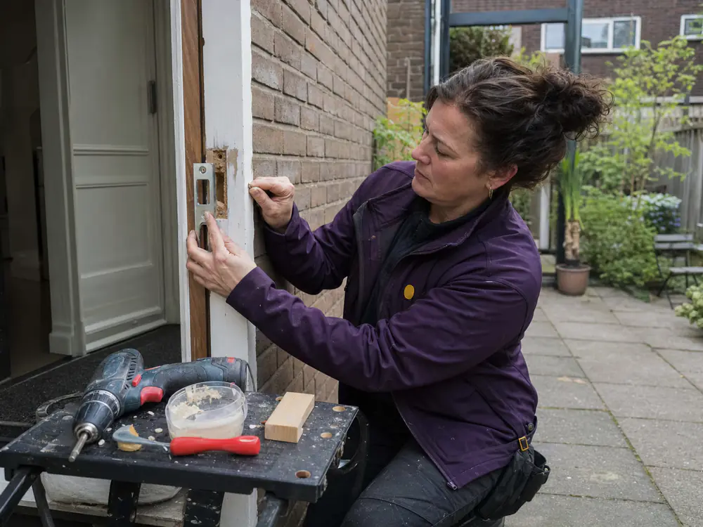 Slotenmaker herstelt inbraakschade aan een houten kozijn en plaatst nieuw sluitwerk
